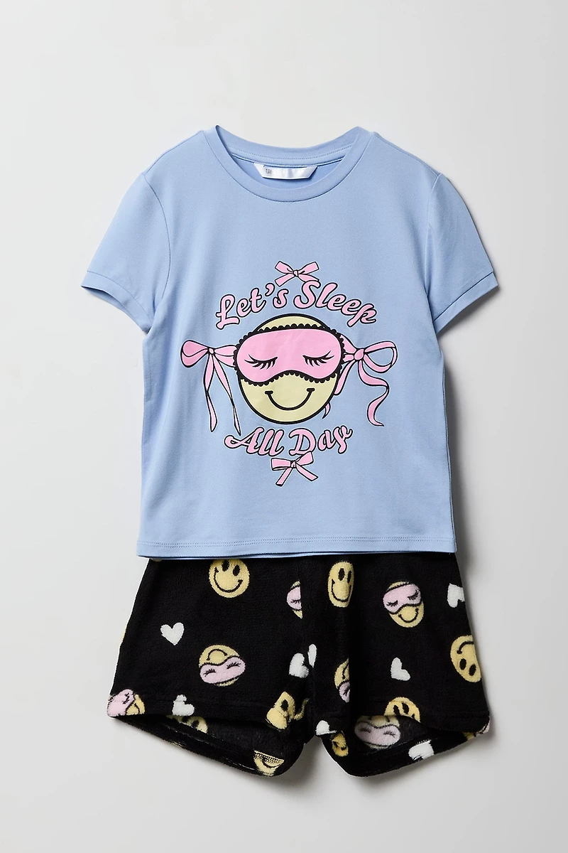 Girls Graphic T-Shirt & Plush Short Pajama Set
