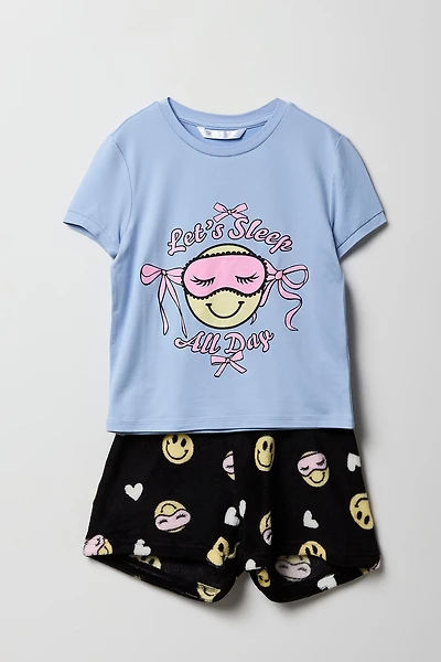 Girls Graphic T-Shirt & Plush Short Pajama Set