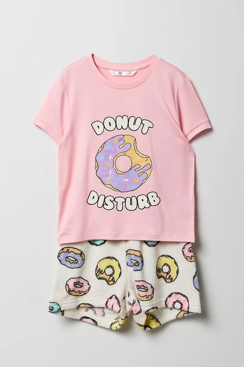 Girls Graphic T-Shirt & Plush Short Pajama Set