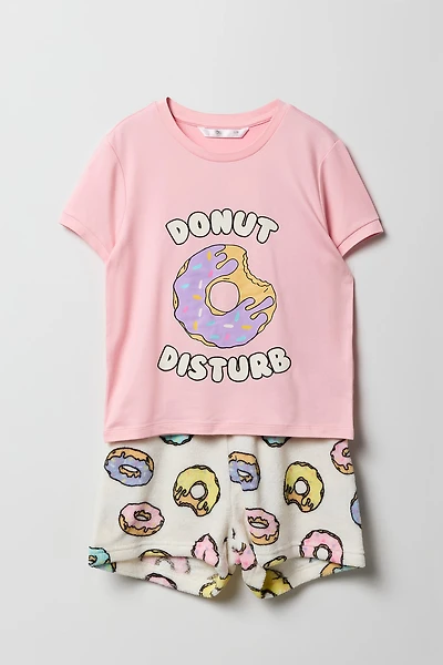 Girls Graphic T-Shirt & Plush Short Pajama Set
