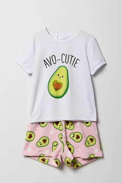 Girls Graphic T-Shirt & Plush Short Pajama Set