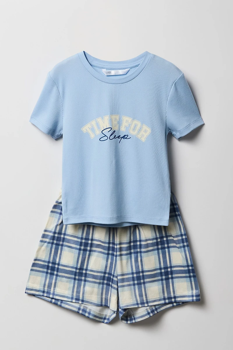 Girls Graphic Ribbed T-Shirt & Plaid Short Pajama Set