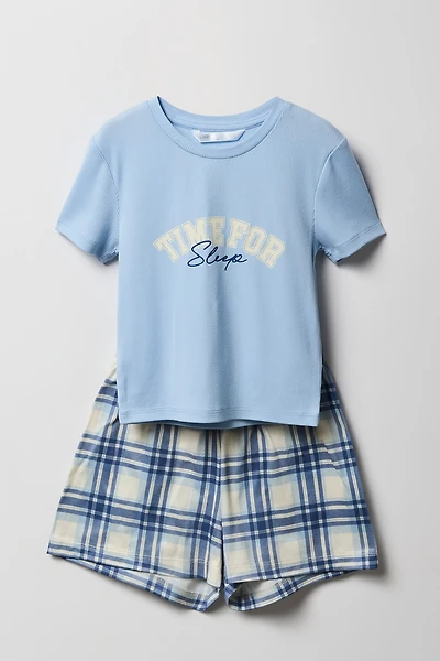 Ensemble pyjama avec t-shirt côtelé imprimé et short à carreaux pour fille