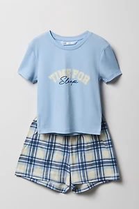 Girls Graphic Ribbed T-Shirt & Plaid Short Pajama Set