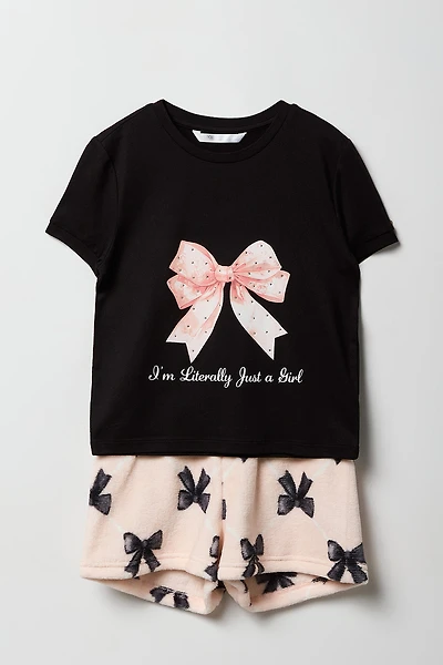 Girls Graphic Tee & Plush Short Pajama Set