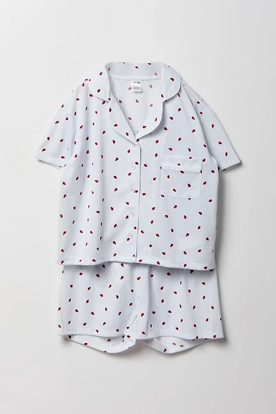 Girls Printed Button-Up Top & Short Pajama Set