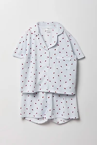 Girls Printed Button-Up Top & Short Pajama Set