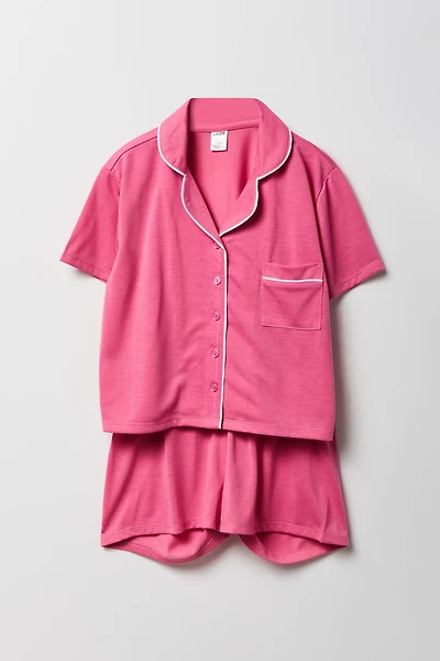 Girls Printed Button-Up Top & Short Pajama Set