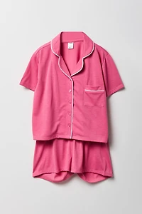 Girls Printed Button-Up Top & Short Pajama Set
