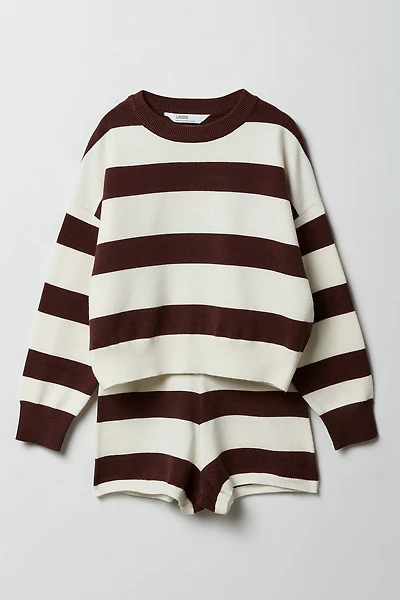 Girls Striped Knit Long Sleeve Top & Short Set