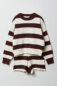 Girls Striped Knit Long Sleeve Top & Short Set