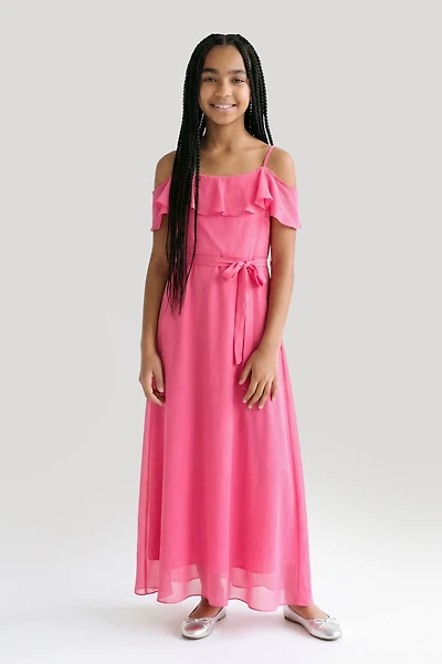 Girls Chiffon Cold Shoulder Maxi Wrap Dress