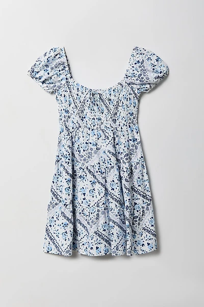 Girls Printed Smocked Tiered Dress