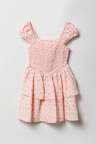 Girls Floral Smocked Tiered Dress