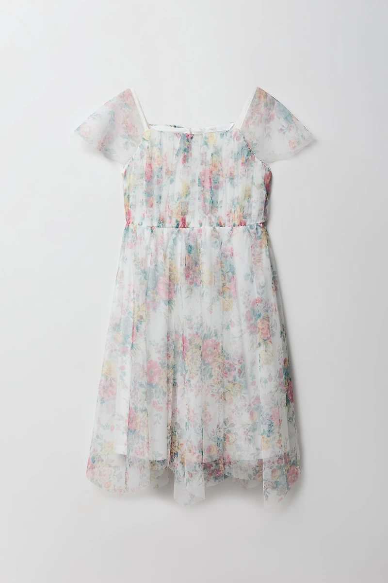 Girls Tulle Ruffle Sleeve Dress