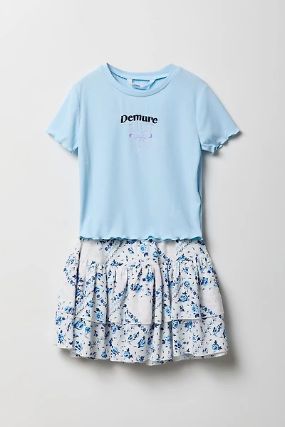 Ensemble avec t-shirt imprimé et jupe-short volantée pour fille