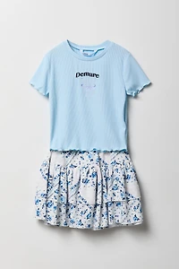 Ensemble avec t-shirt imprimé et jupe-short volantée pour fille