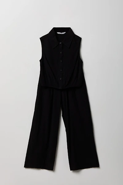 Girls Textured Button-Up Vest & Pant Set