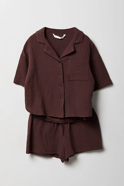Girls Gauze Button-Up Top & Short Set