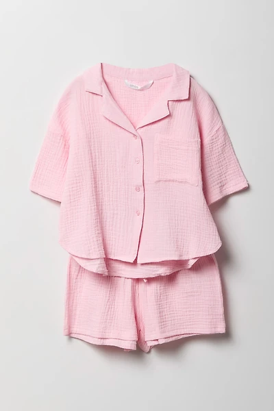 Girls Gauze Button-Up Top & Short Set