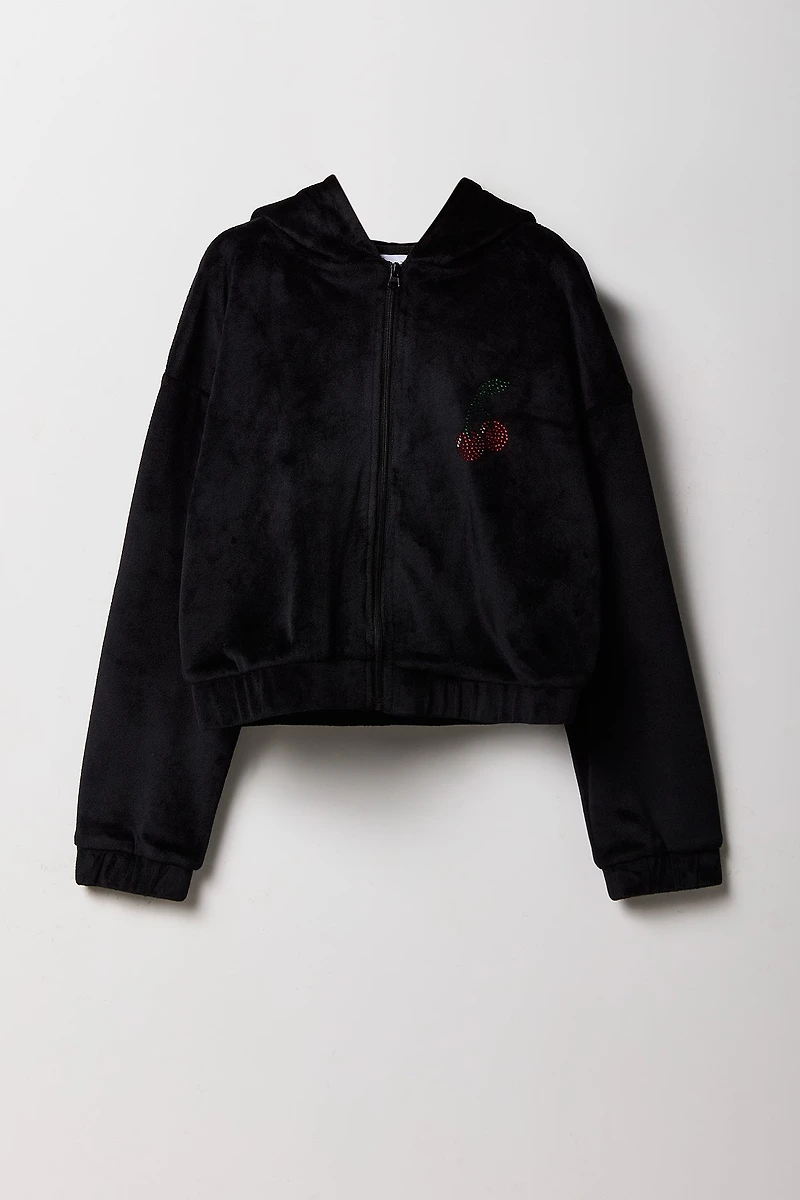 Girls Rhinestone Velour Zip-Up Hoodie