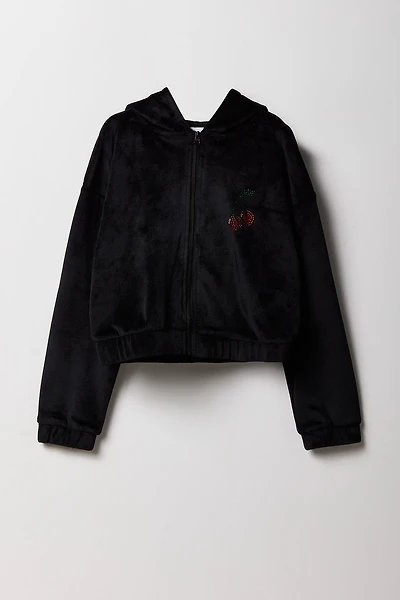 Girls Rhinestone Velour Zip-Up Hoodie