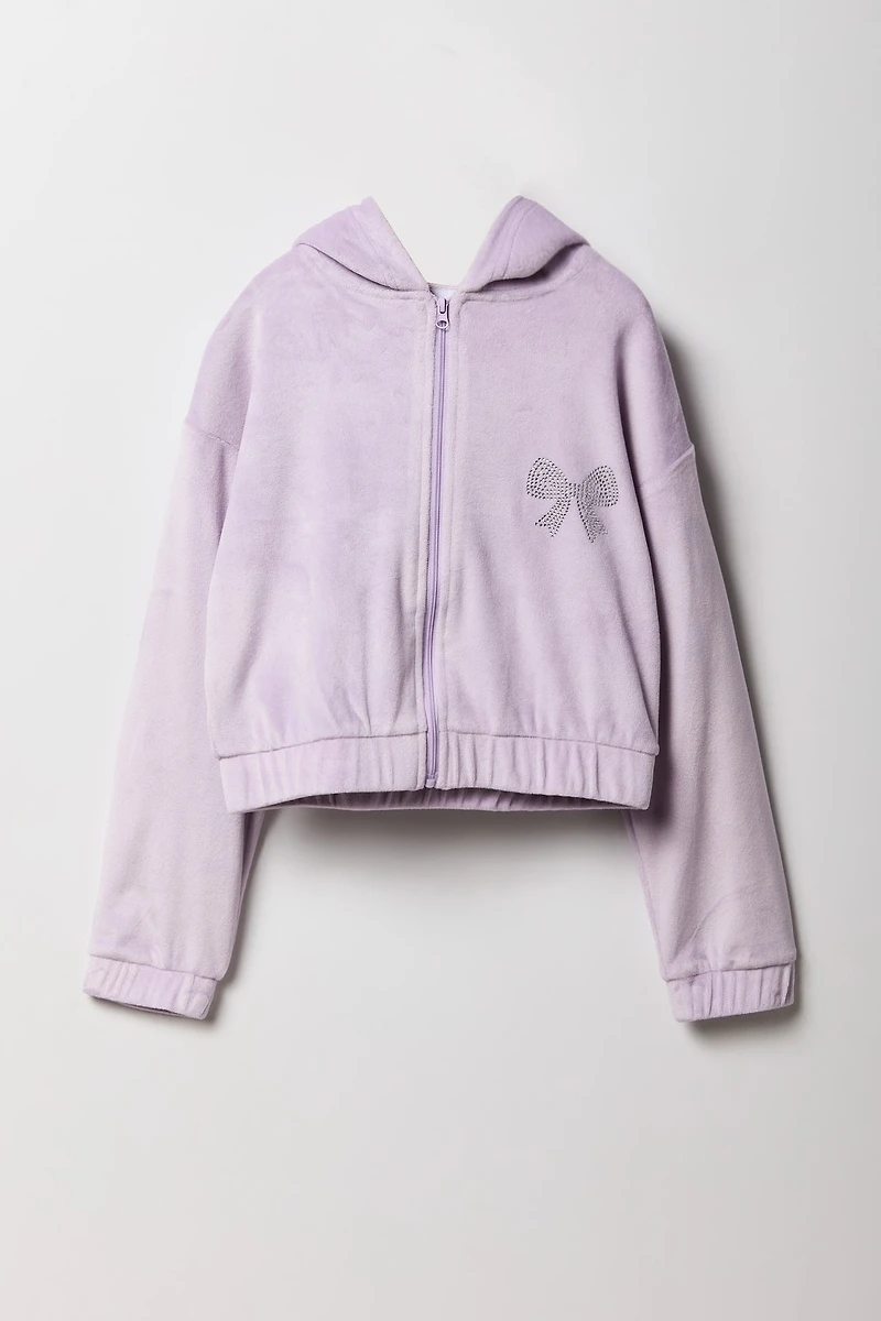 Girls Rhinestone Velour Zip-Up Hoodie
