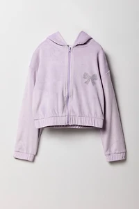 Girls Rhinestone Velour Zip-Up Hoodie