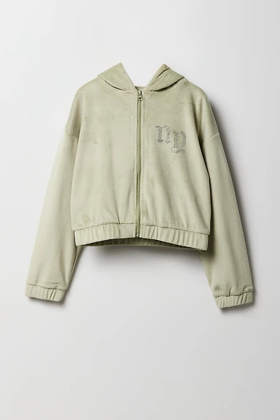 Girls Rhinestone Velour Zip-Up Hoodie