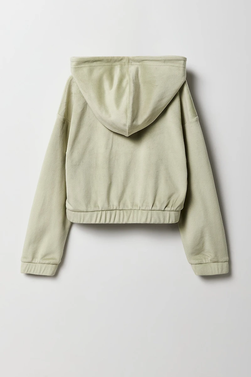 Girls Rhinestone Velour Zip-Up Hoodie
