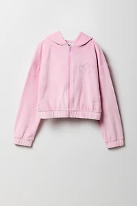 Girls Rhinestone Velour Zip-Up Hoodie
