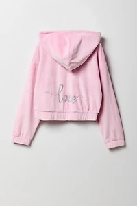 Girls Rhinestone Velour Zip-Up Hoodie