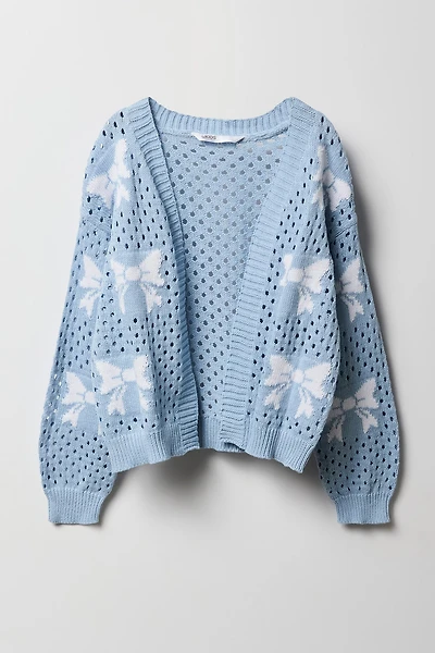 Girls Jacquard Crochet Knit Cardigan