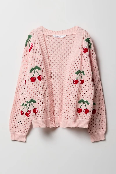 Girls Jacquard Crochet Knit Cardigan