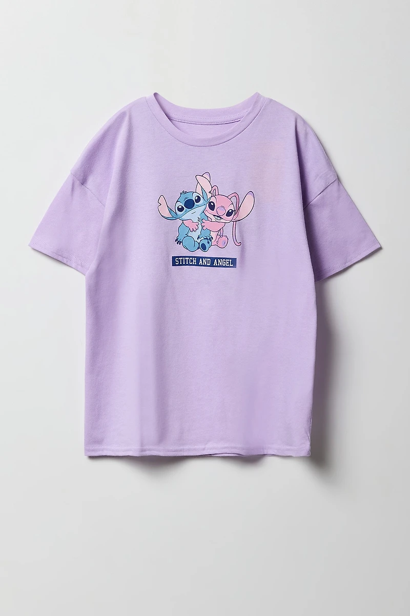 Girls Oversized Stitch & Angel Graphic T-Shirt