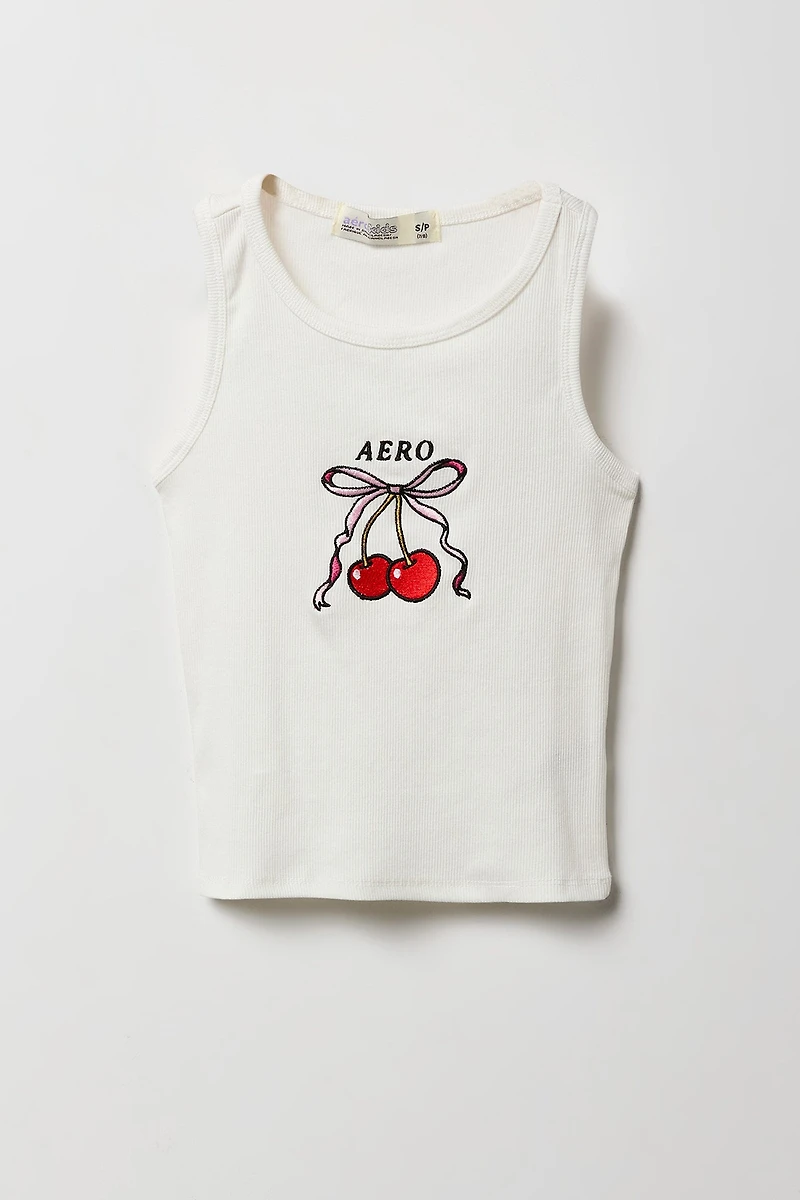 Girls Aero Cherry Bow Embroidered Ribbed Tank