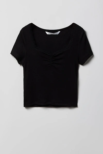 Girls Ribbed Lace Trim T-Shirt