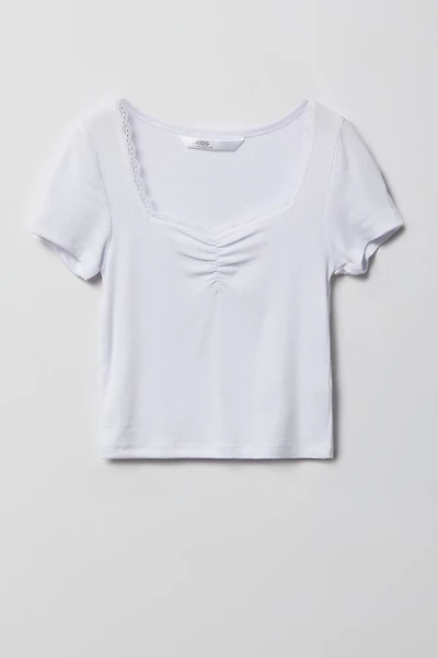 T-shirt côtelé avec ourlet de dentelle pour fille