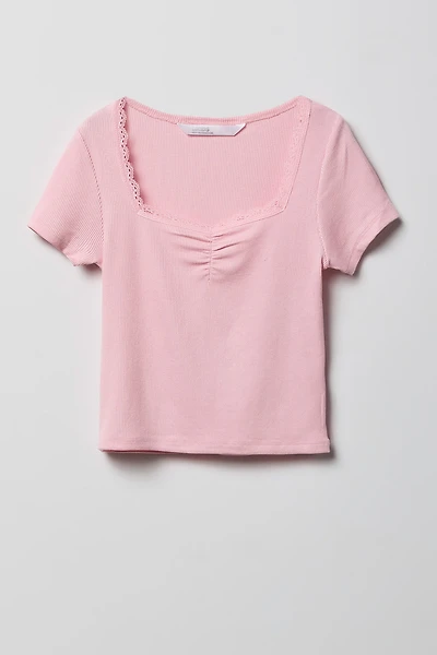 Girls Ribbed Lace Trim T-Shirt