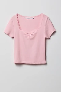 Girls Ribbed Lace Trim T-Shirt