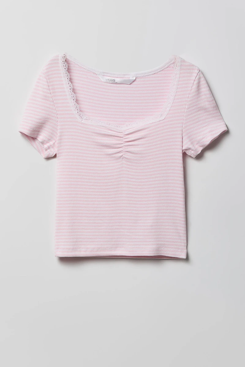 Girls Striped Ribbed Lace Trim T-Shirt