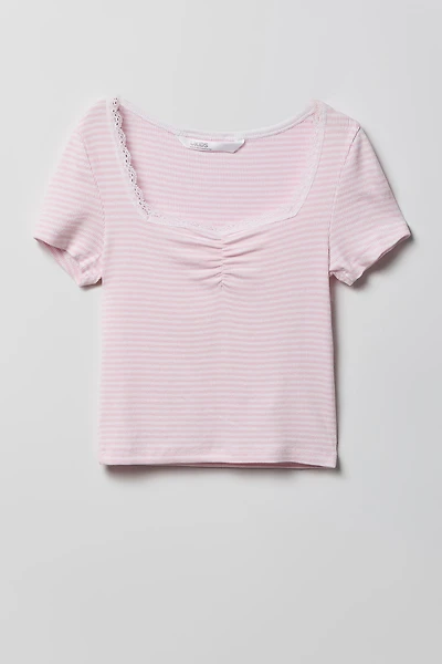 Girls Striped Ribbed Lace Trim T-Shirt