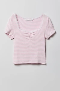 Girls Striped Ribbed Lace Trim T-Shirt