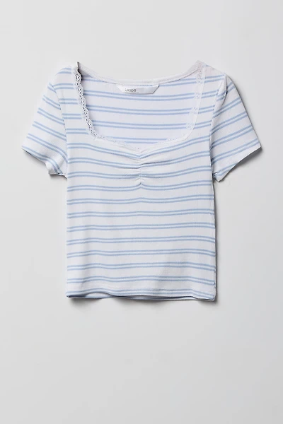 Girls Striped Ribbed Lace Trim T-Shirt