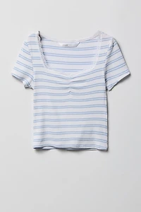 Girls Striped Ribbed Lace Trim T-Shirt