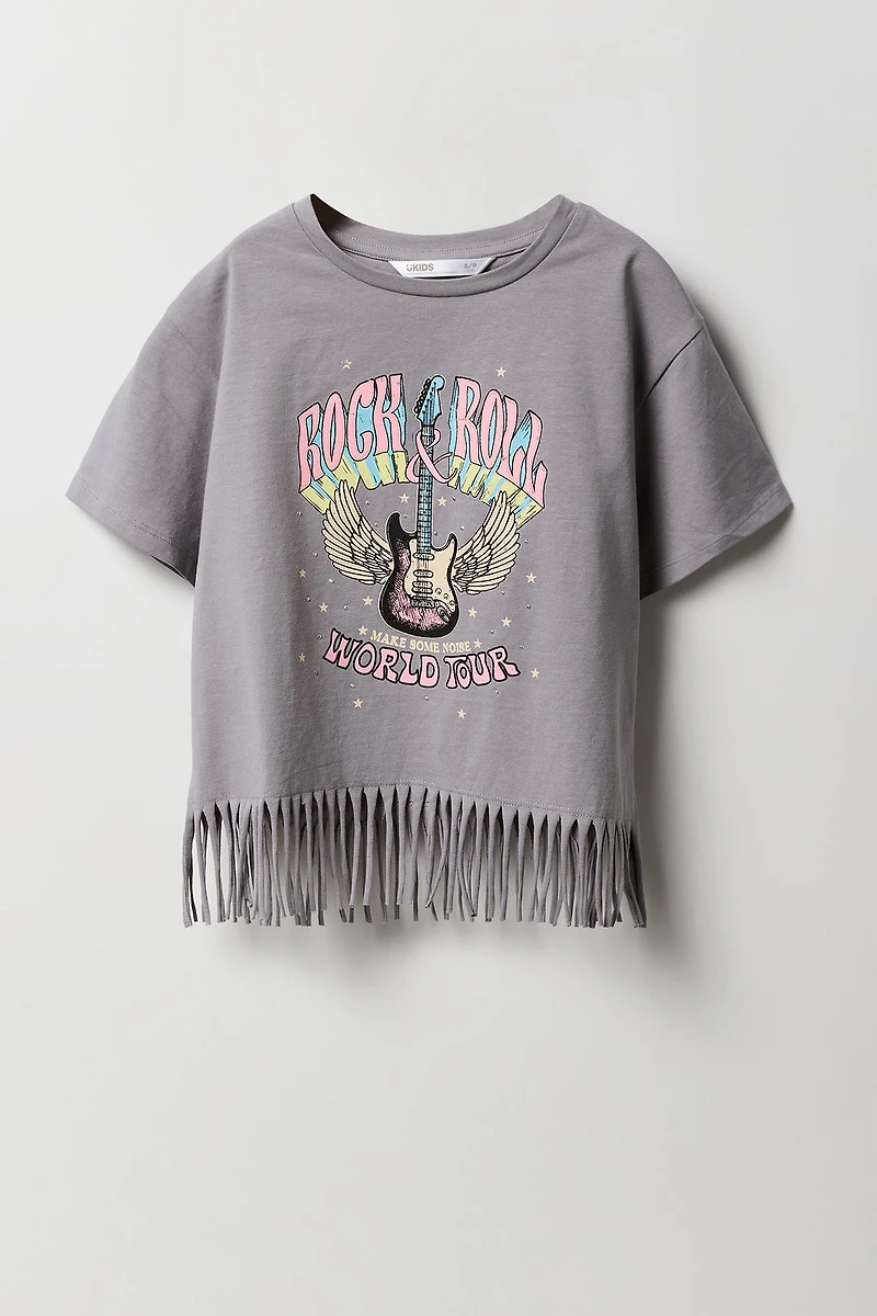 T-shirt imprimé avec franges pour fille