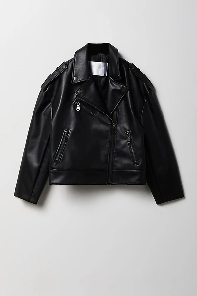 Girls Faux Leather Oversized Biker Jacket