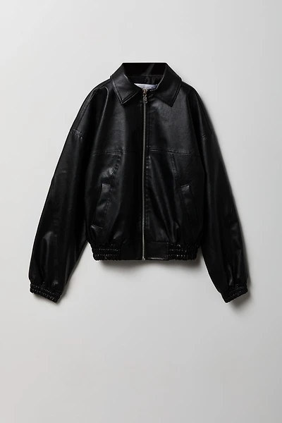 Girls Faux Leather Oversized Bomber Jacket