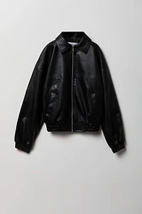 Girls Faux Leather Oversized Bomber Jacket