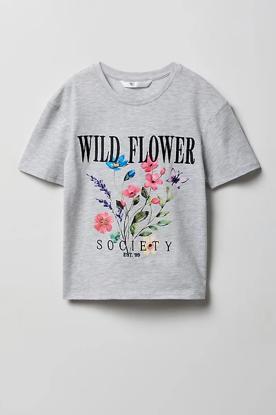 Girls Luxe Heavy Cotton Flower Graphic T-Shirt